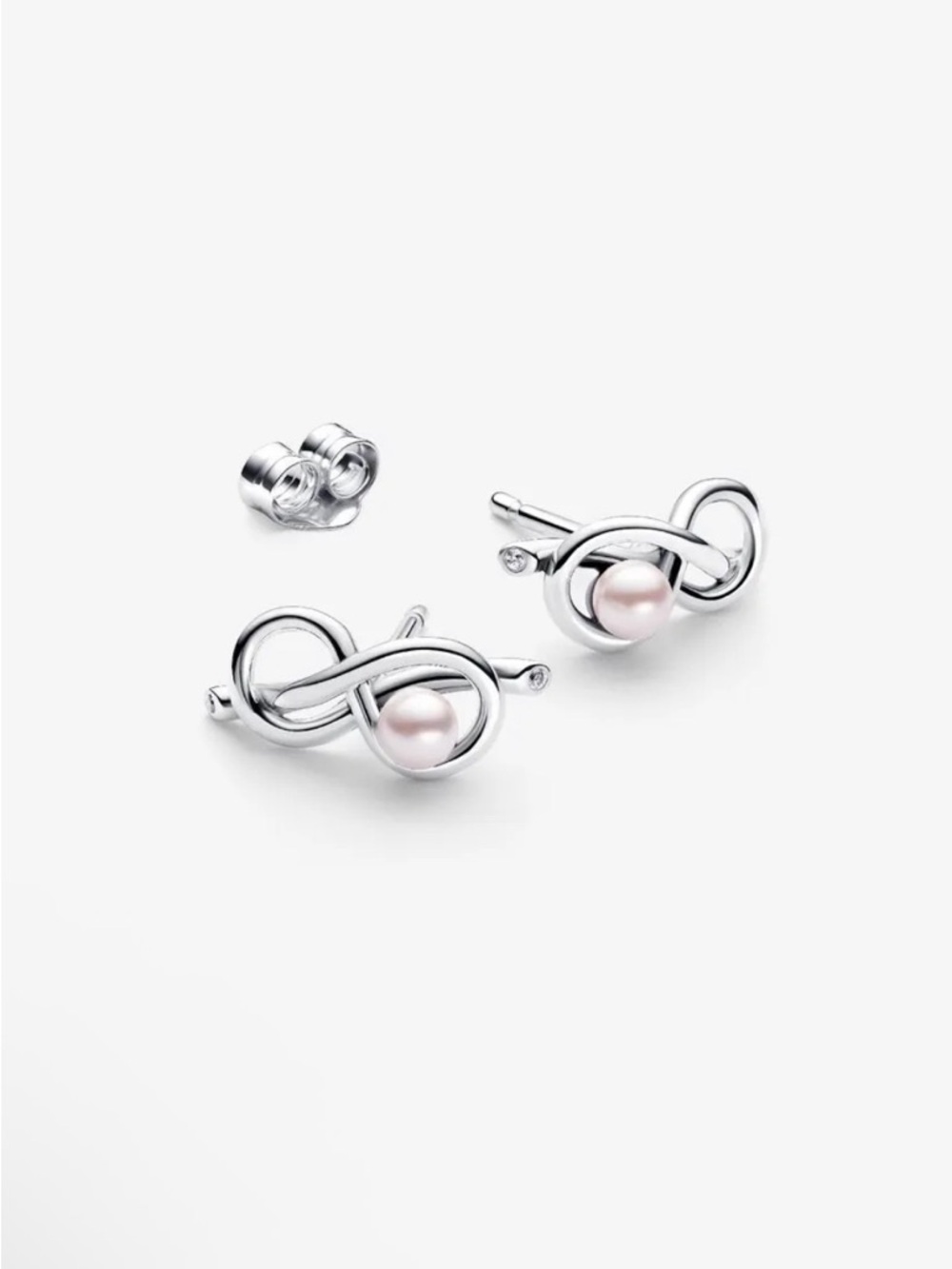 Pandora Silver Infinity Knot Stud Earrings with Light Pink Pearls